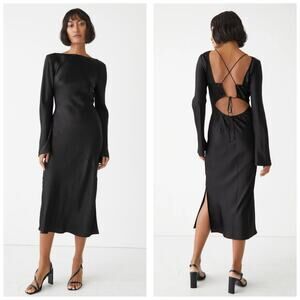 & Other Stories Open Back Midi Dress Size Small Black Satin Long Sleeve Cocktail
